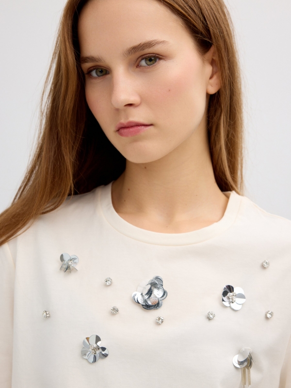 Floral beaded t-shirt raw detail view