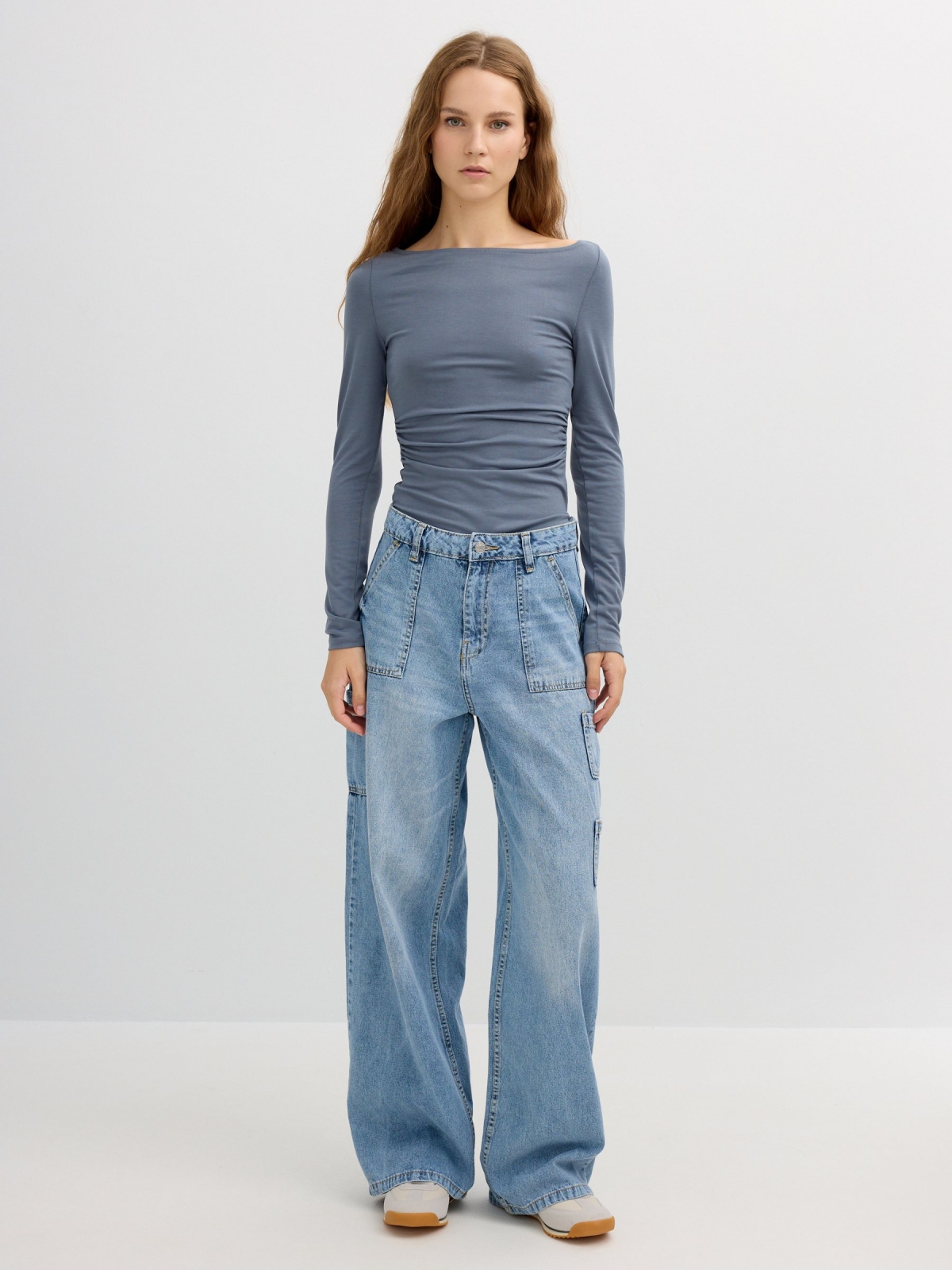 Casual gathered boat neck shirt bluish gray front view