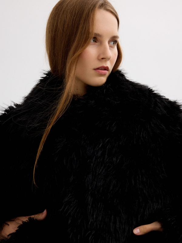 Faux fur effect jacket with lapel collar black detail view