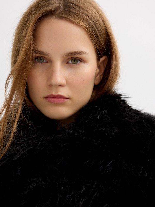Faux fur effect jacket with lapel collar black detail view