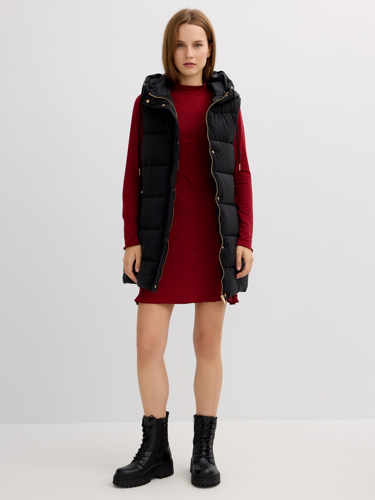 Long padded vest with hood black front view