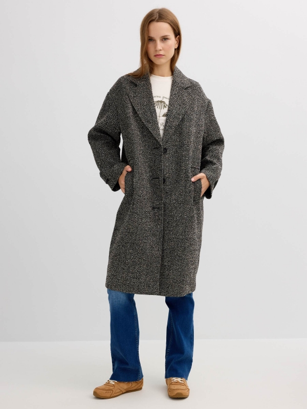 Herringbone coat greyish green front view