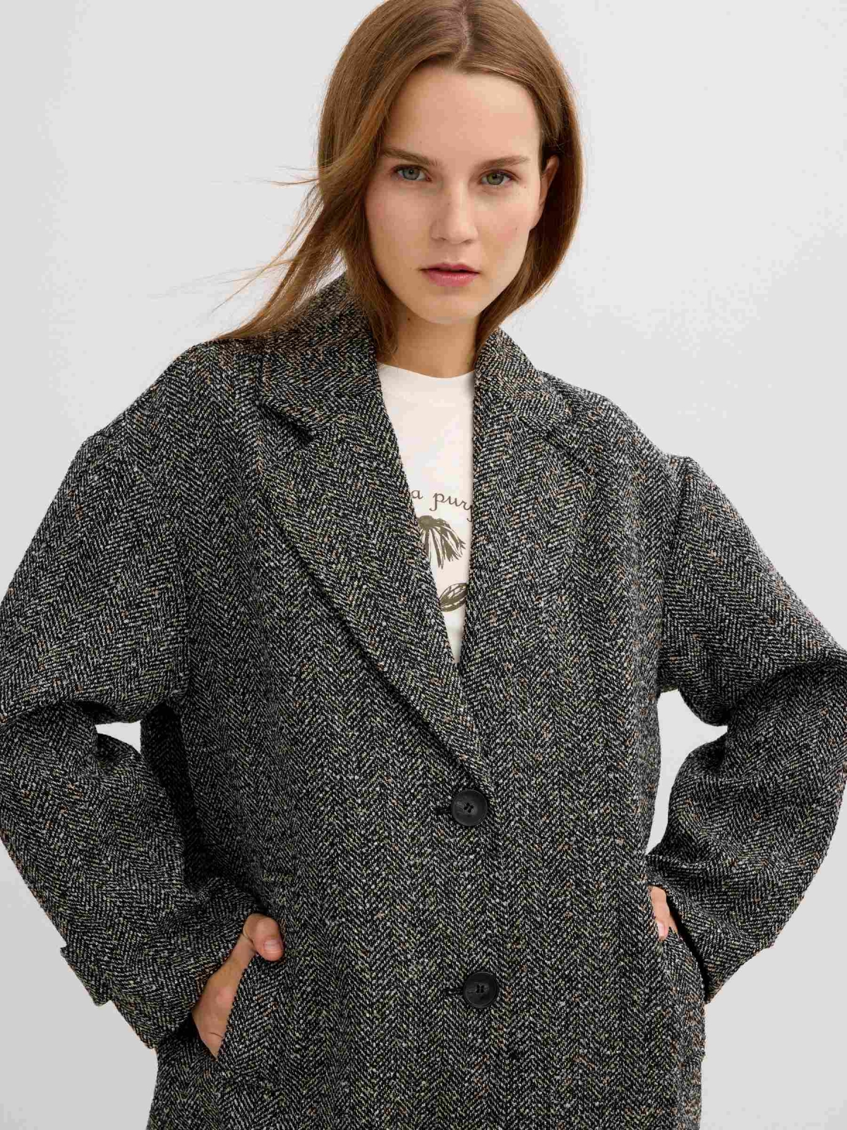 Herringbone coat greyish green detail view