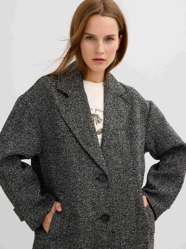 Herringbone coat greyish green detail view