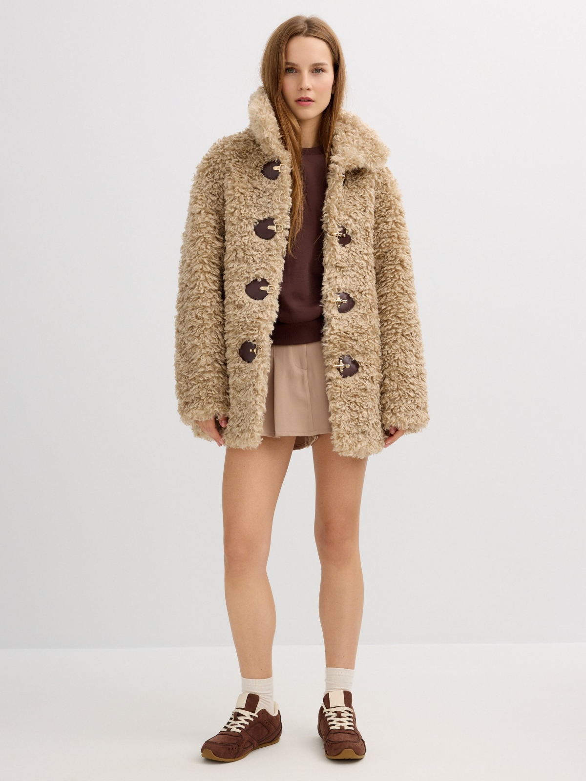 Faux fur jacket light brown front view