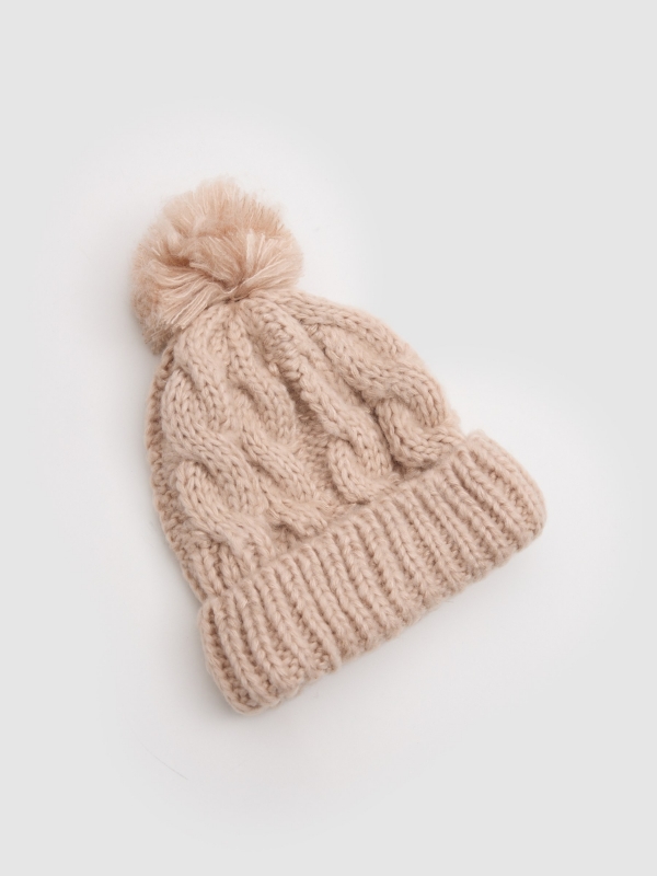 Gorro nude con pompón rosa nude vista lateral trasera 45º
