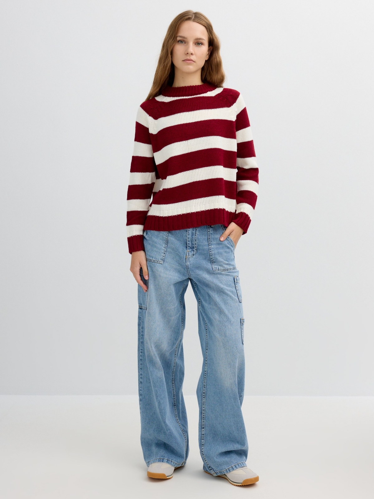 Burgundy striped knit jersey garnet front view