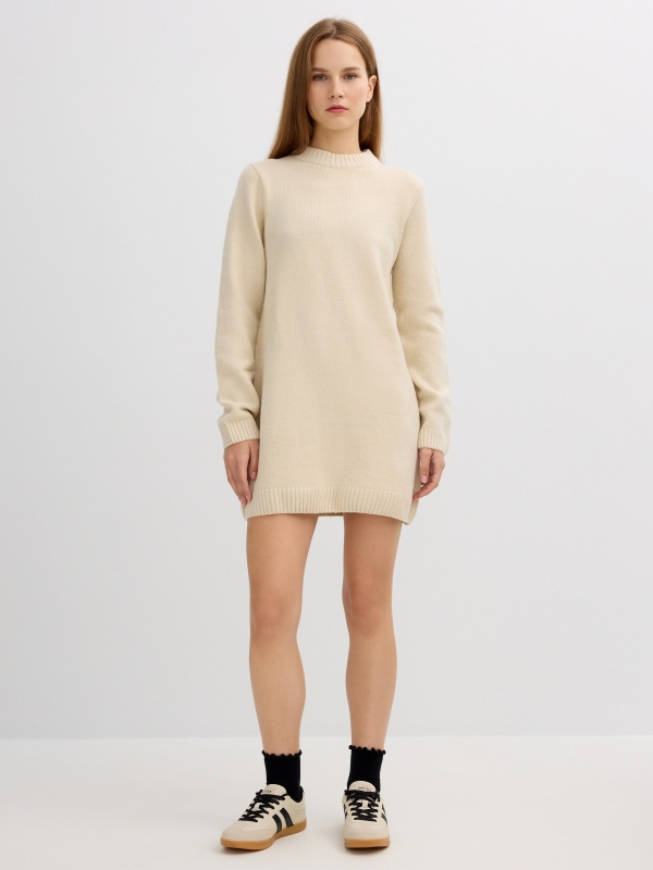 Vestido mini de malha liso areia vista geral frontal