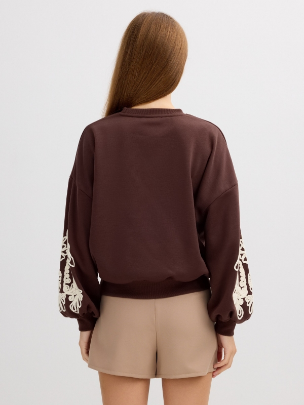 Balloon sleeve floral sweatshirt chocolate middle back view