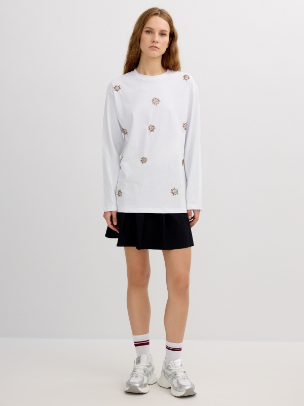 Long sleeve beaded shirt white front view