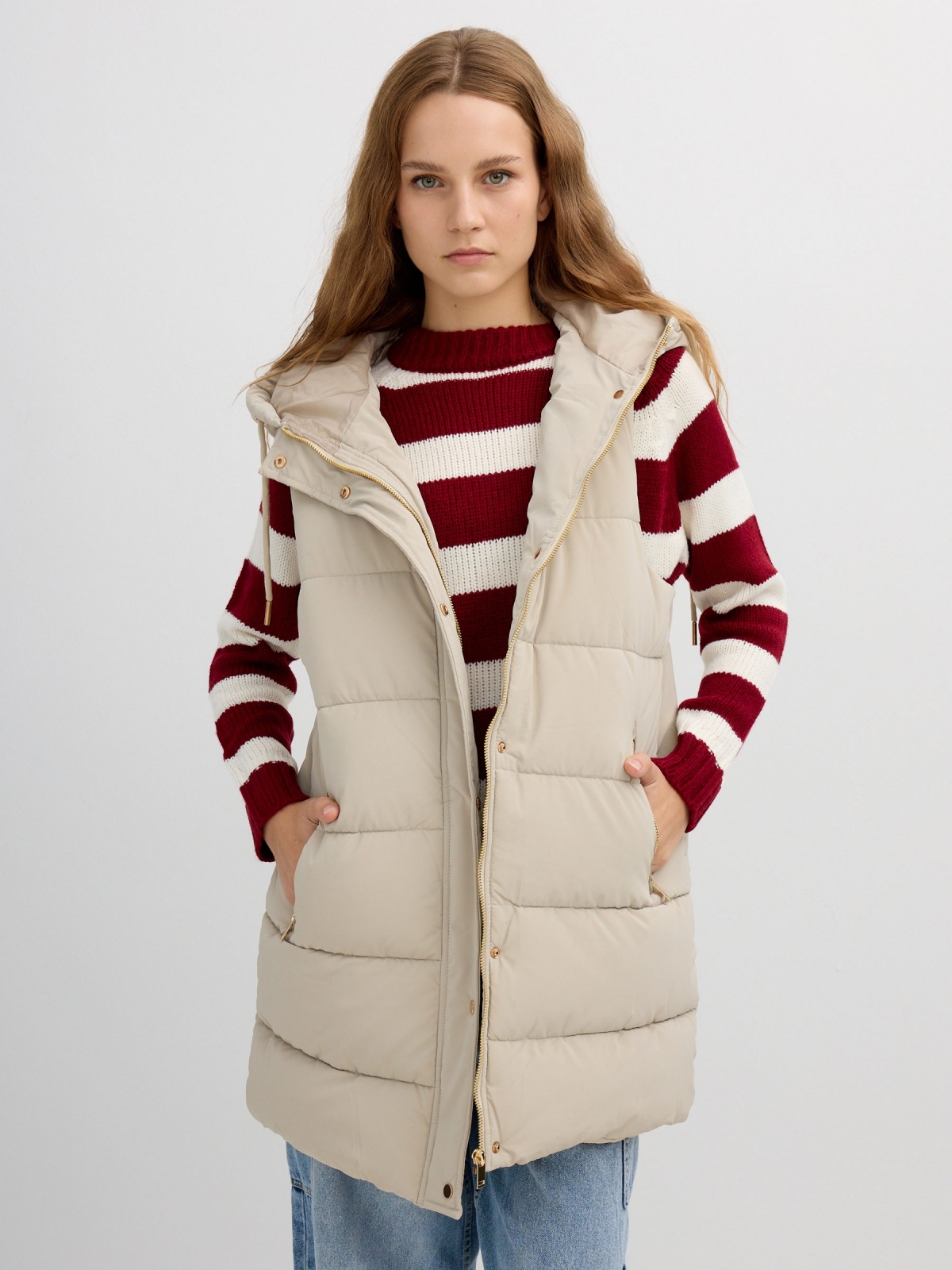 Long padded vest with hood taupe middle front view