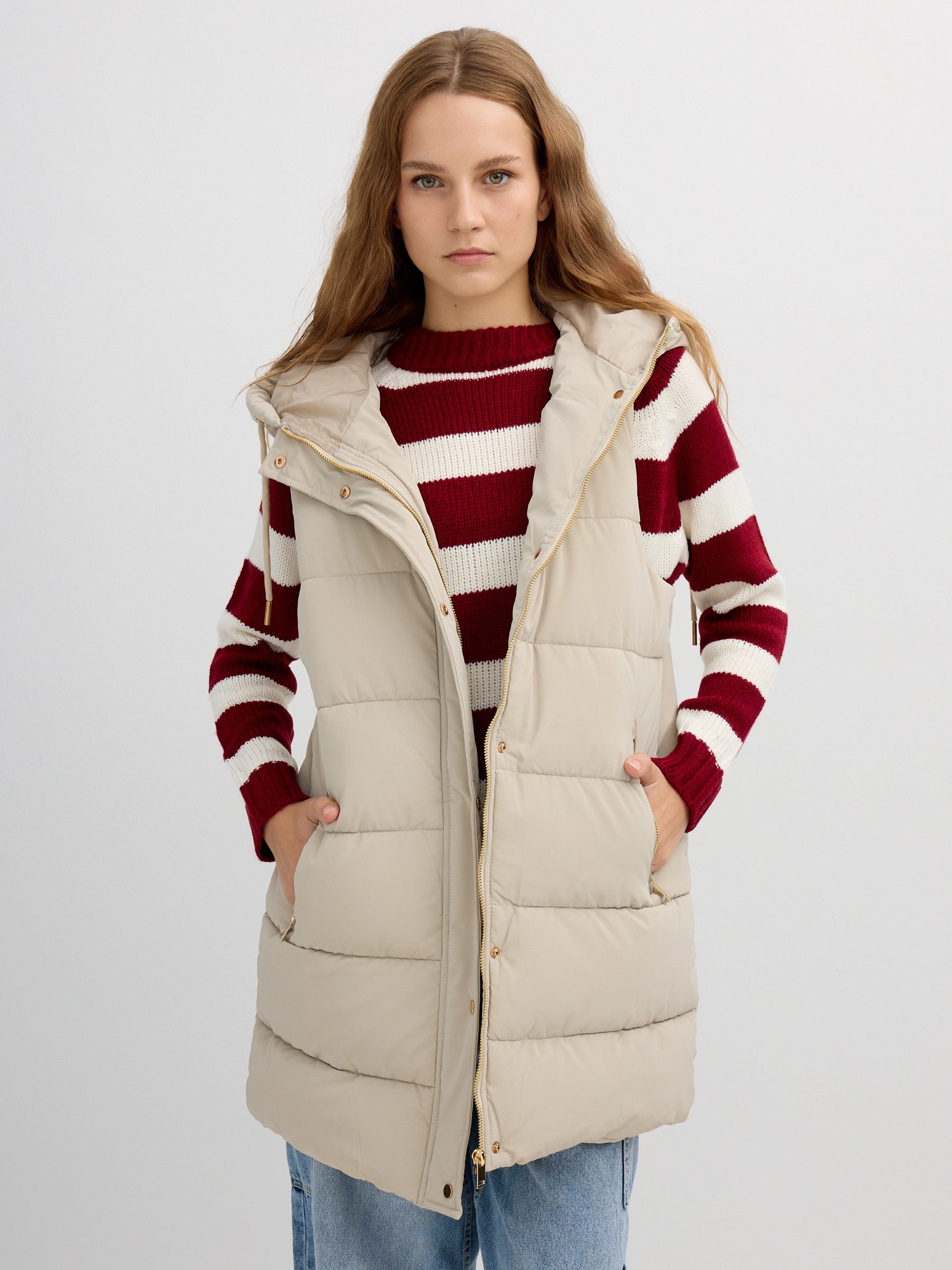 Long padded vest with hood taupe middle front view
