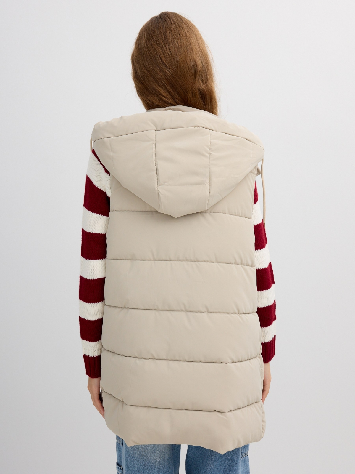 Long padded vest with hood taupe middle back view