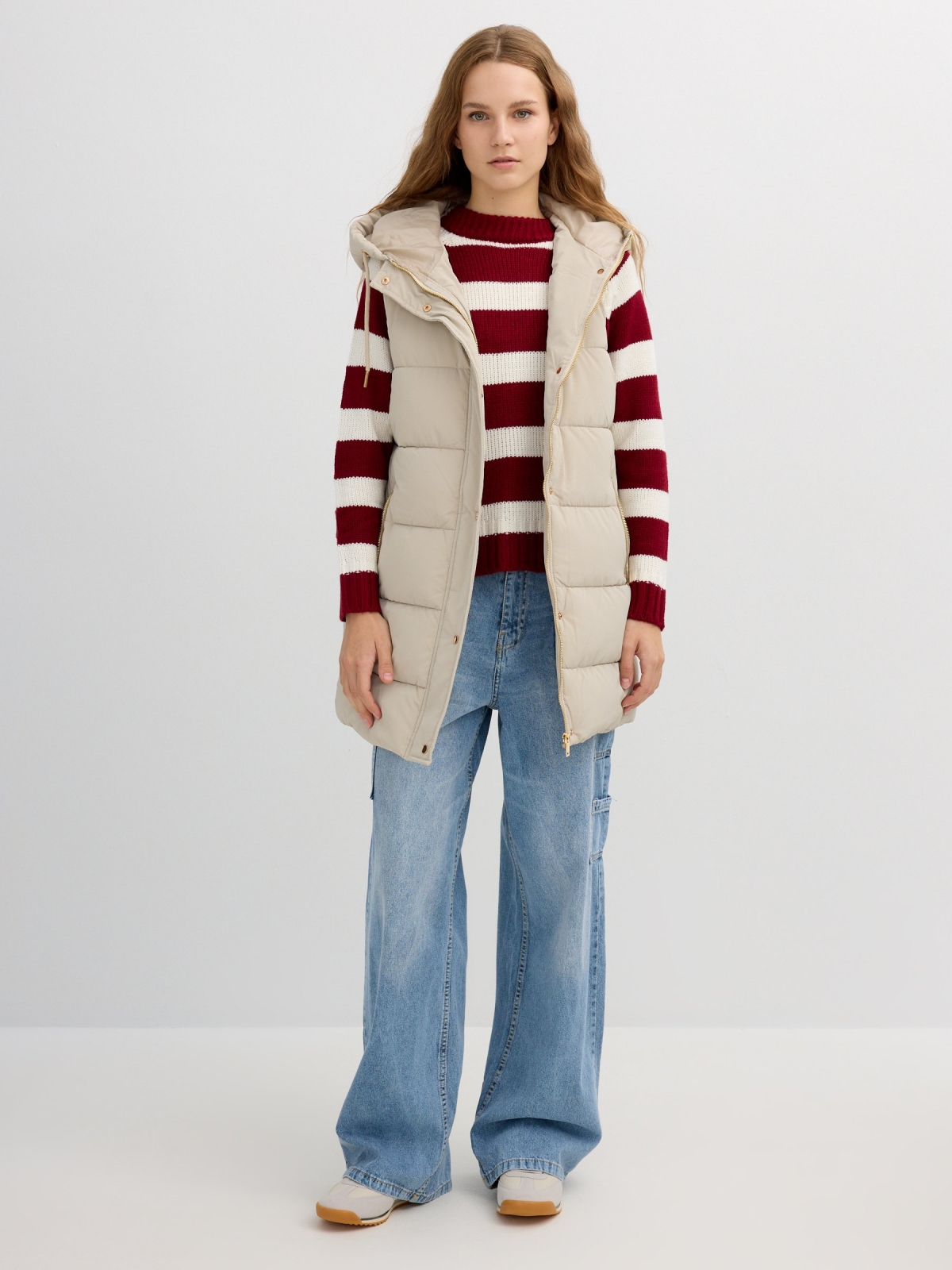 Long padded vest with hood taupe front view