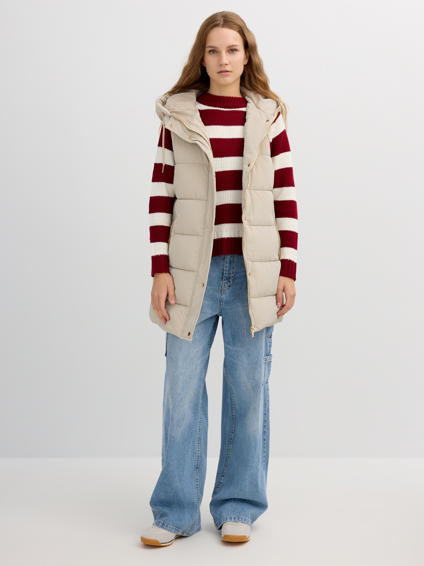 Long padded vest with hood taupe middle front view