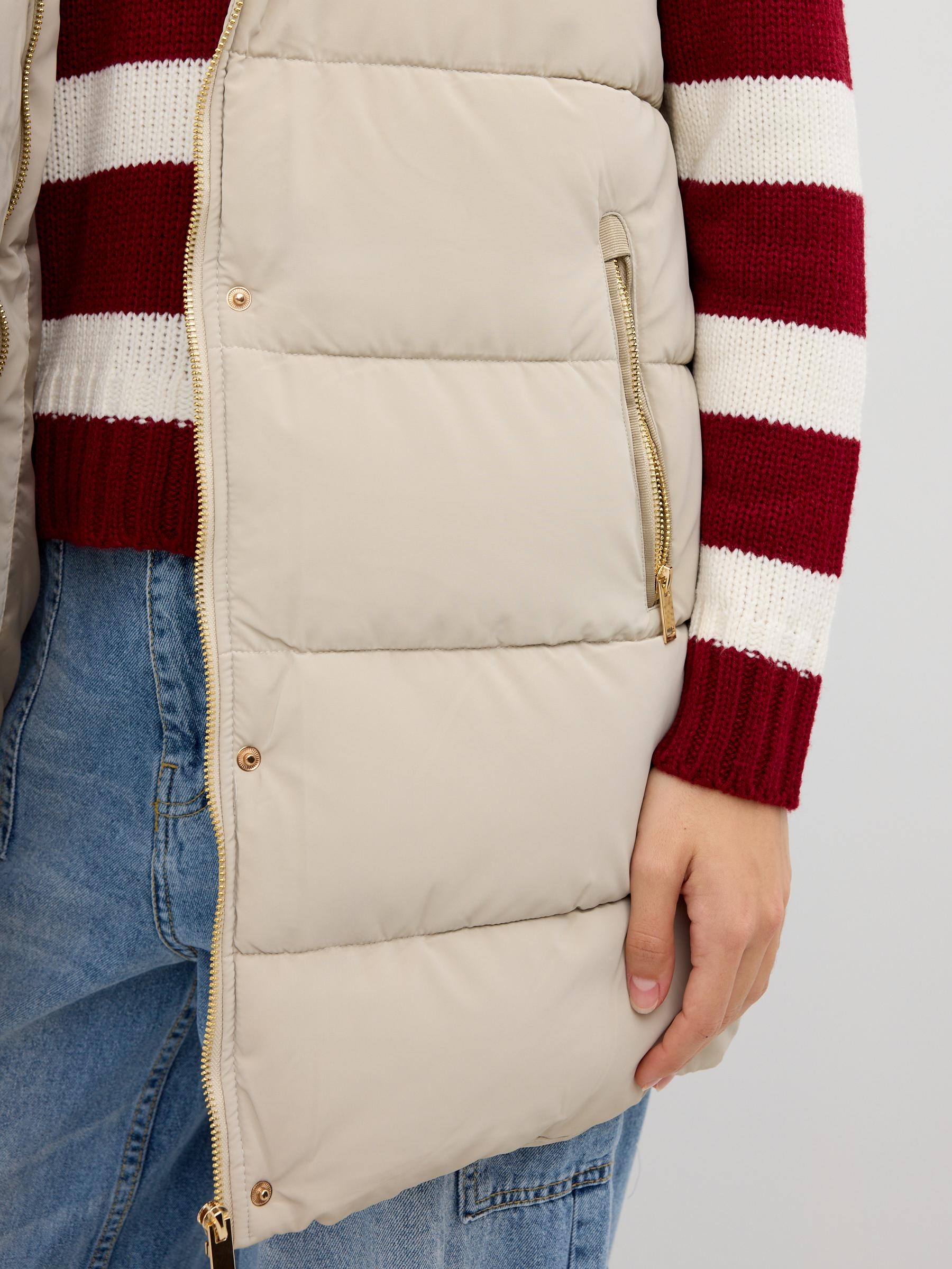 Long padded vest with hood taupe middle front view