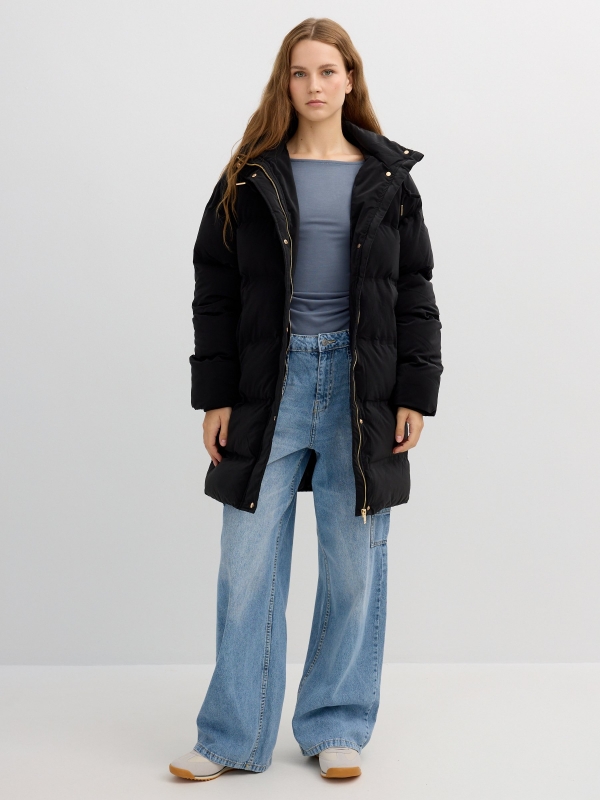 Long padded anorak with hood black front view