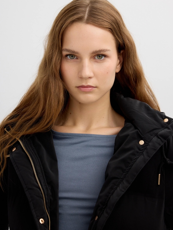 Long padded anorak with hood black detail view