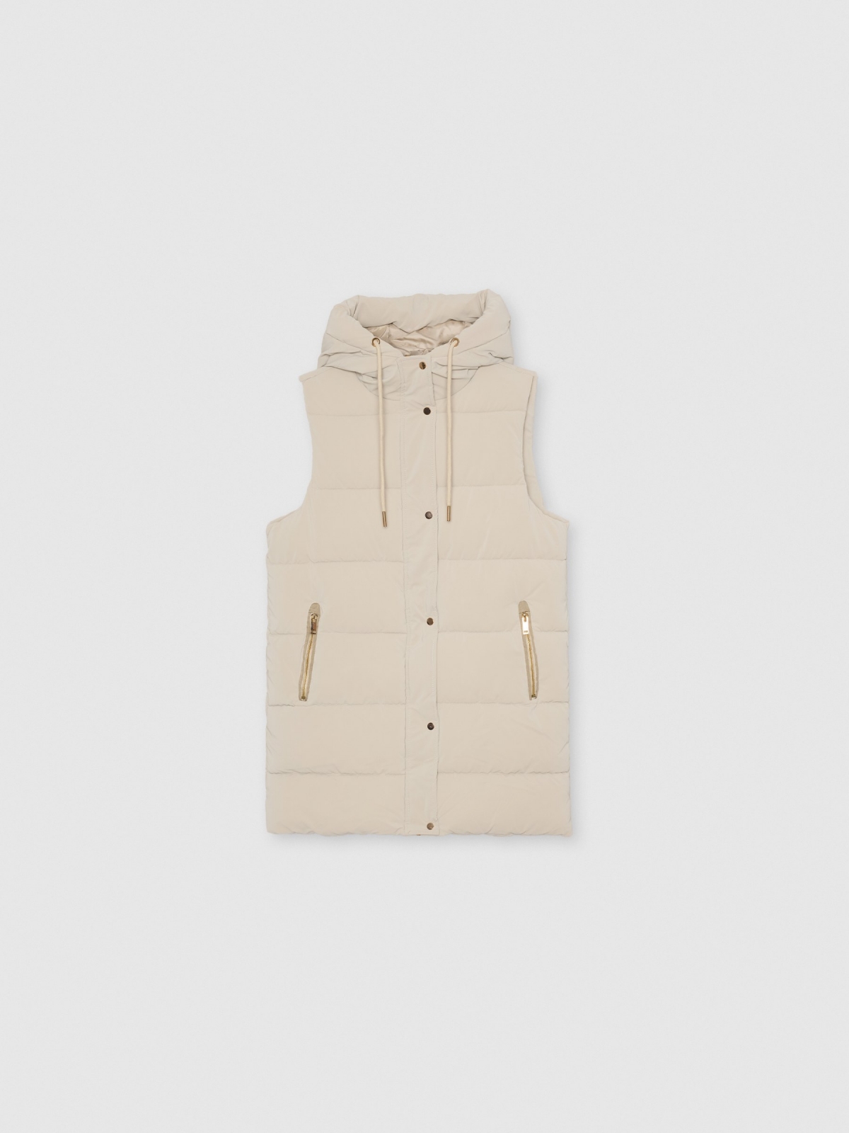 %Pto% Long padded vest with hood taupe front view