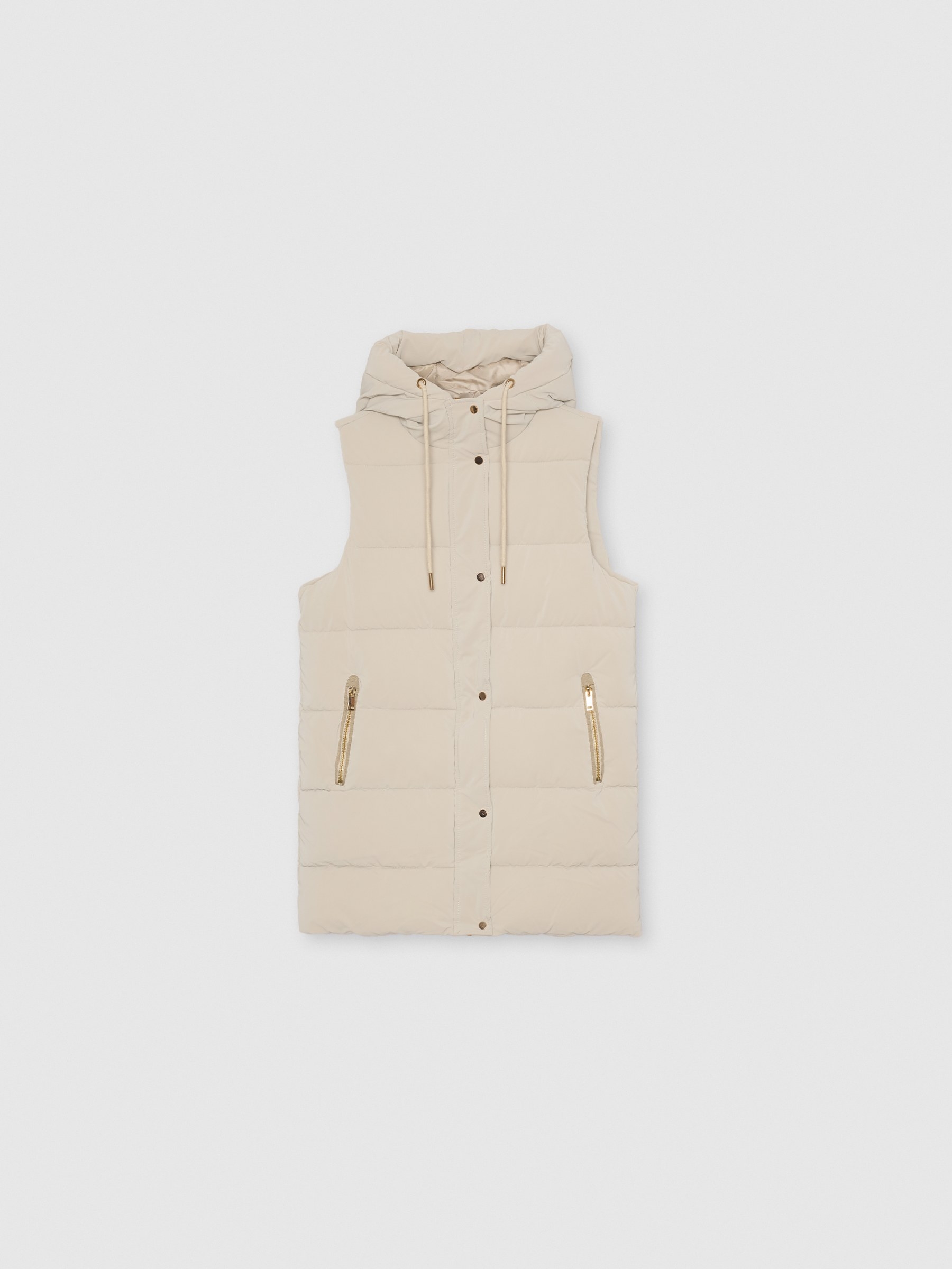 Long padded vest with hood taupe middle front view