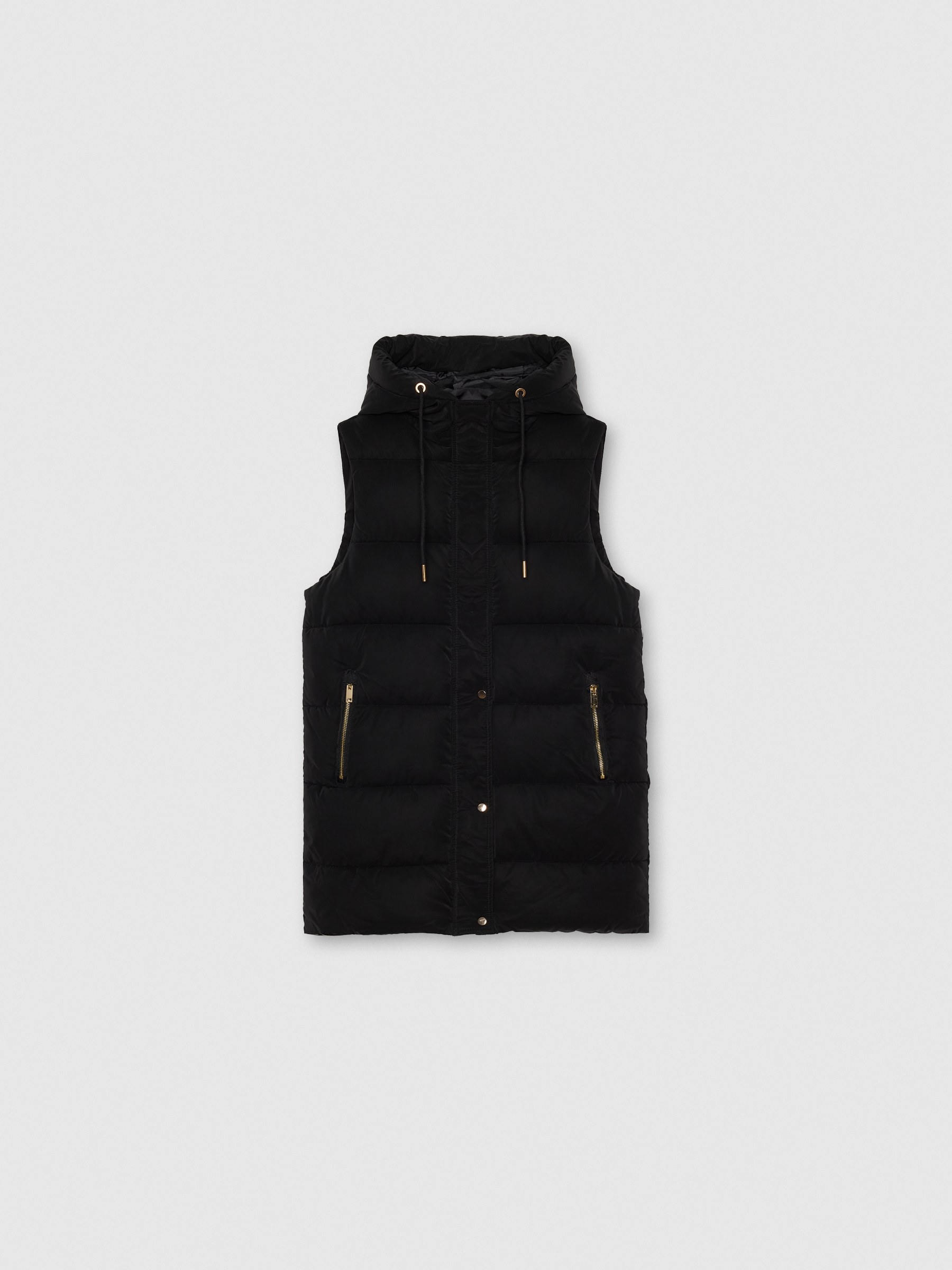 Chaleco largo acolchado con capucha negro vista media frontal