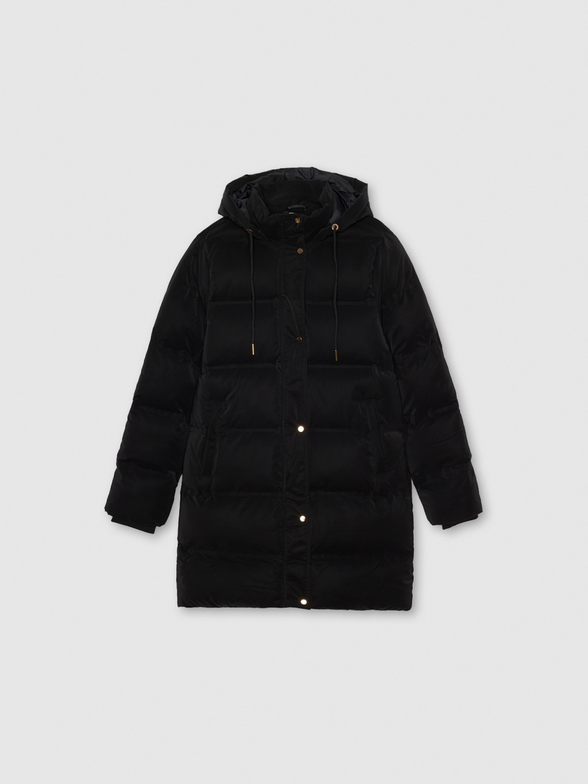  Long padded anorak with hood black front view