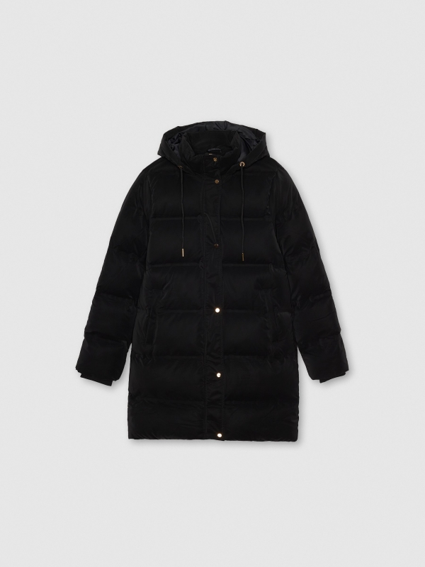  Long padded anorak with hood black front view
