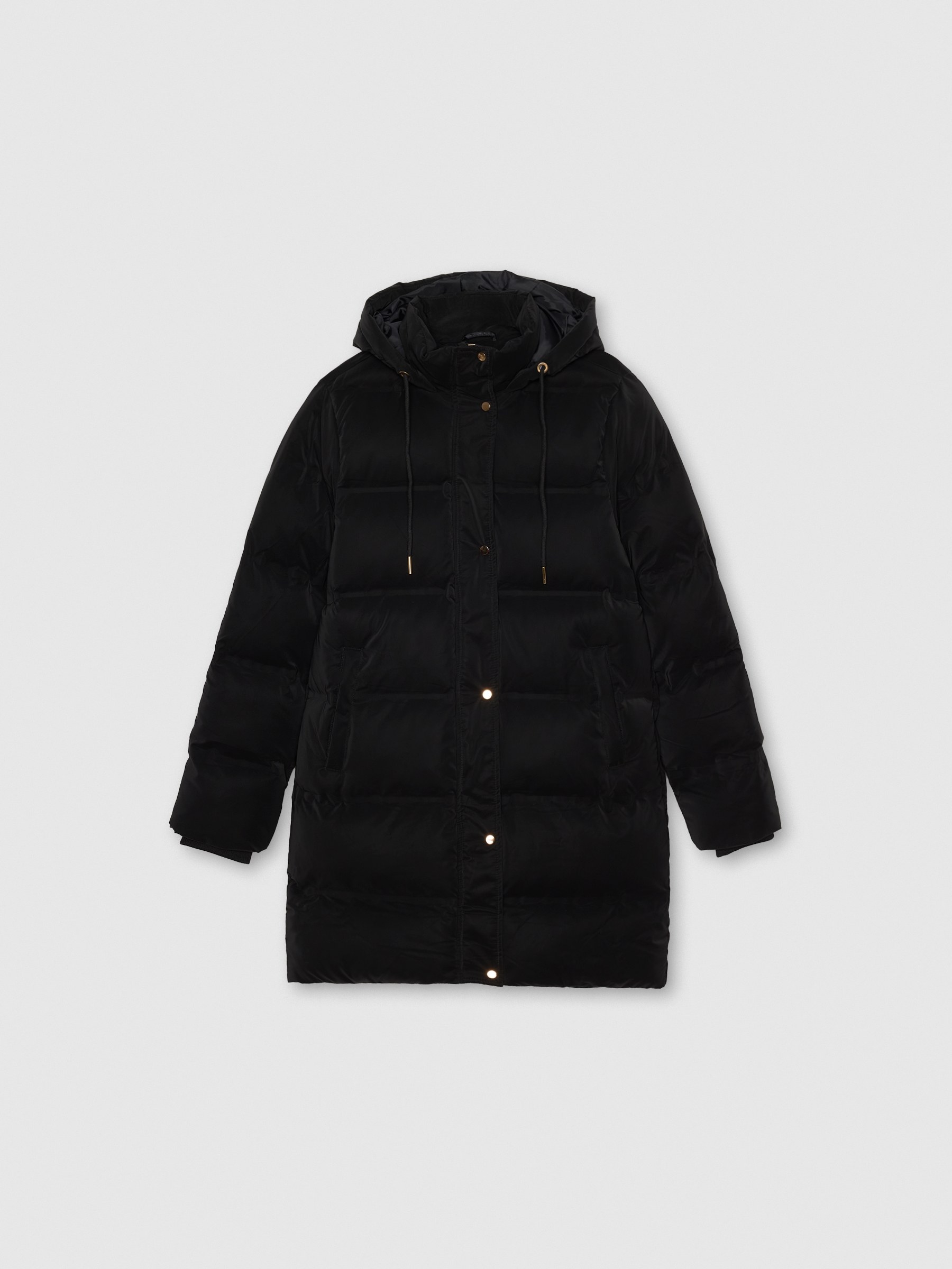 Long padded anorak with hood black middle front view