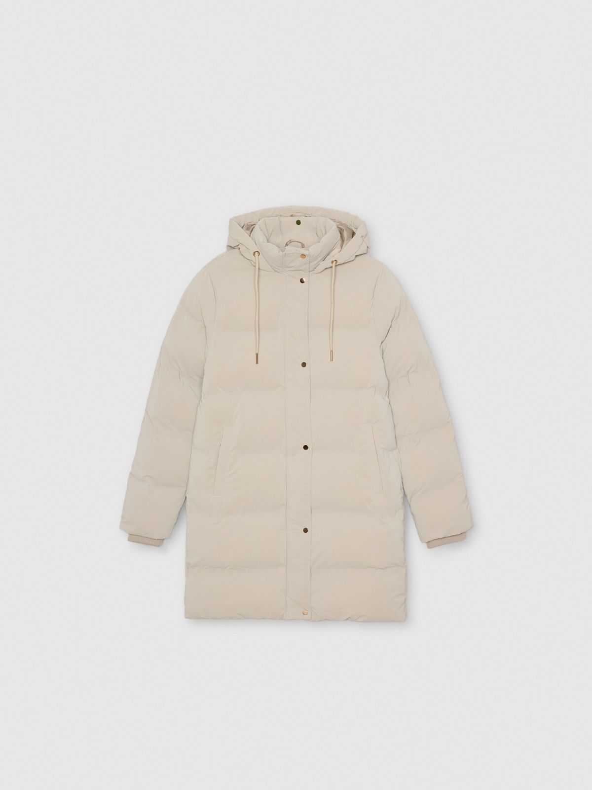 %Pto% Anorak largo acolchado con capucha taupe vista frontal %Pto% Anorak largo acolchado con capucha taupe vista frontal