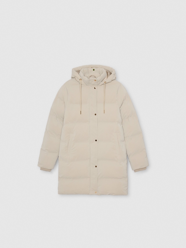 Anorak largo acolchado con capucha taupe vista frontal  Anorak largo acolchado con capucha taupe vista frontal