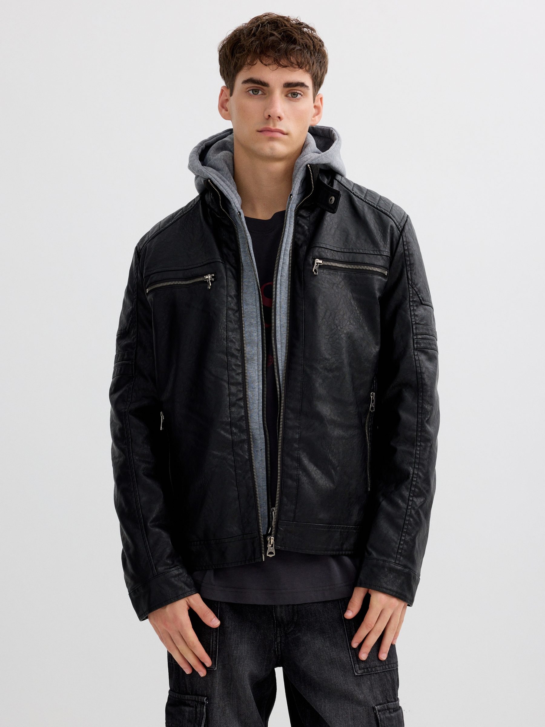 Biker faux leather jacket black middle front view