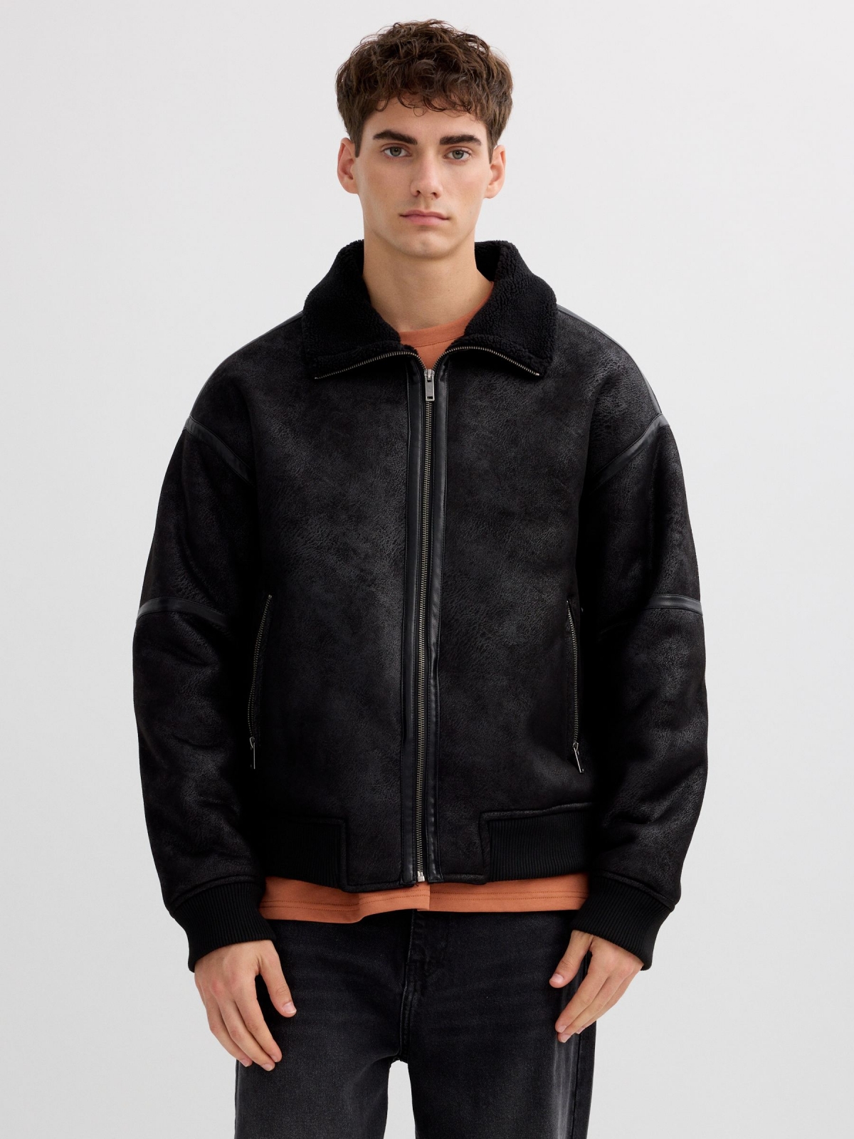 Faux leather jacket combined with shearling black middle front view