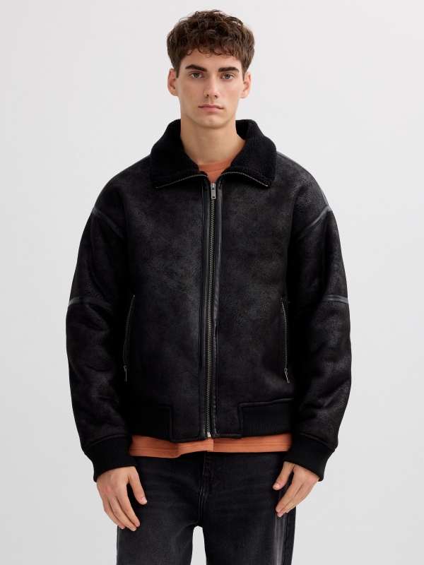 Faux leather jacket combined with shearling black middle front view