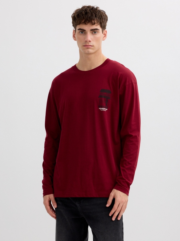 Long sleeve shirt Japanese food burgundy middle front view