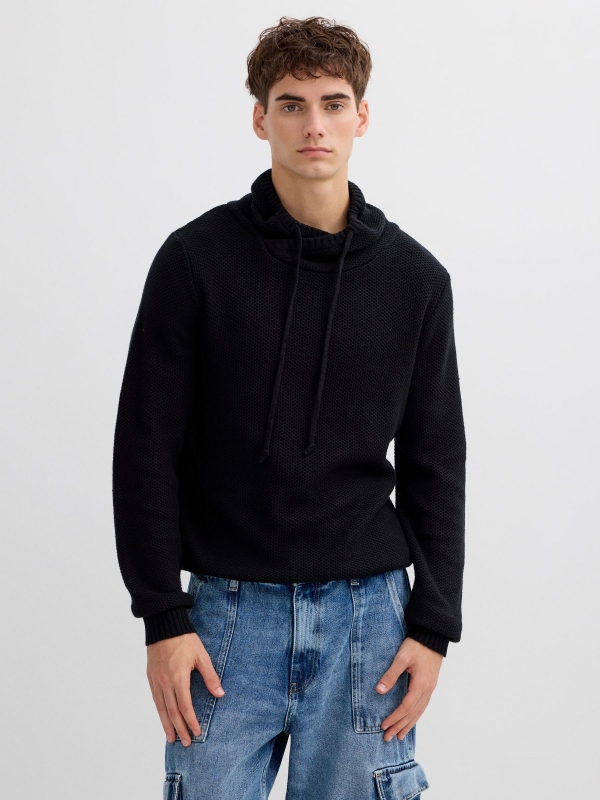 Camisola de malha lisa preto vista meia frontal