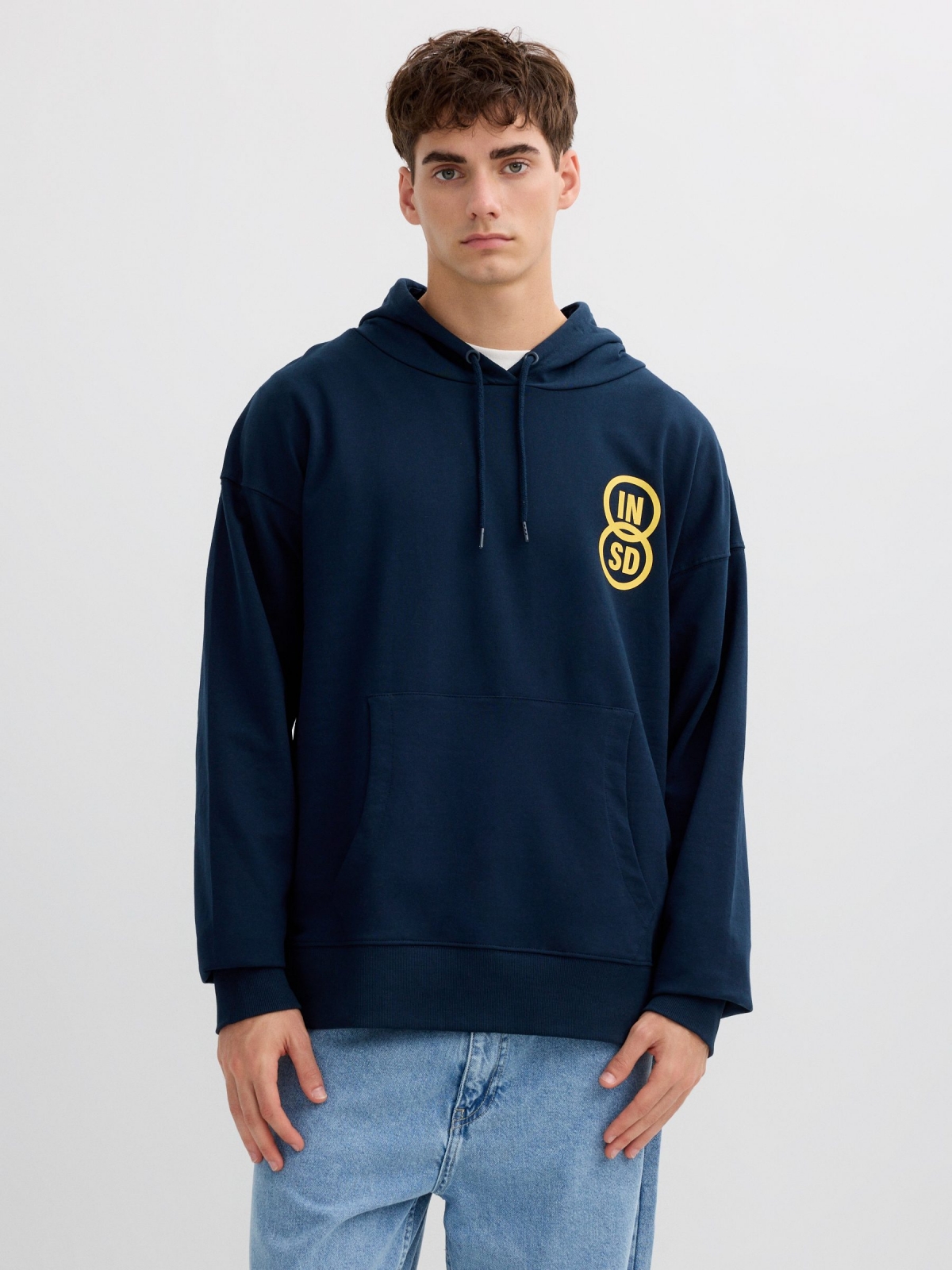 Inside fleece hoodie navy middle front view