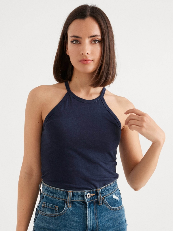 Basic halter neck top blue middle front view