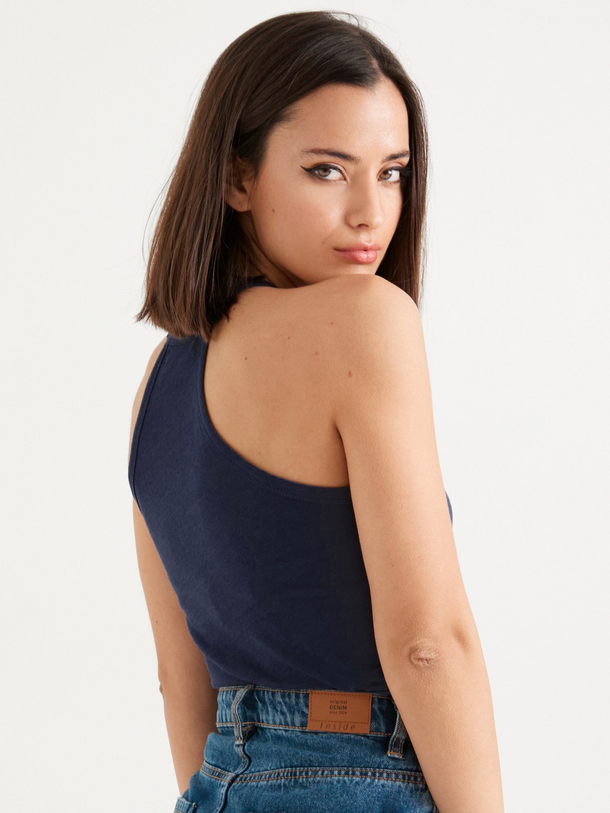Basic halter neck top blue middle back view