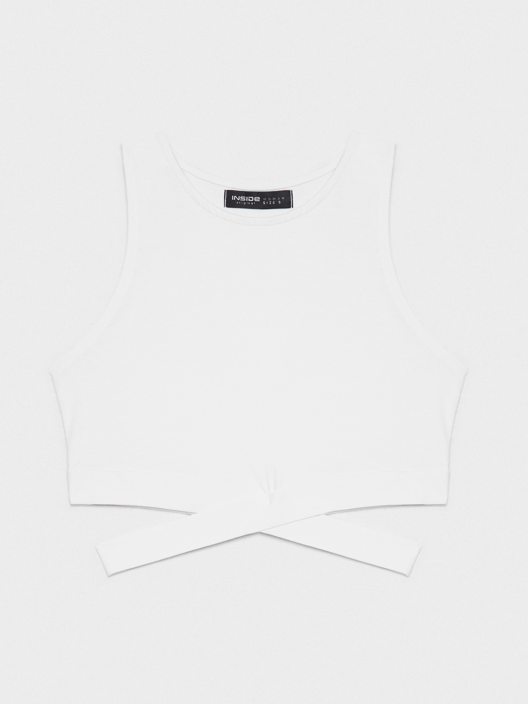 Top cropped elástico cruzado branco vista meia frontal