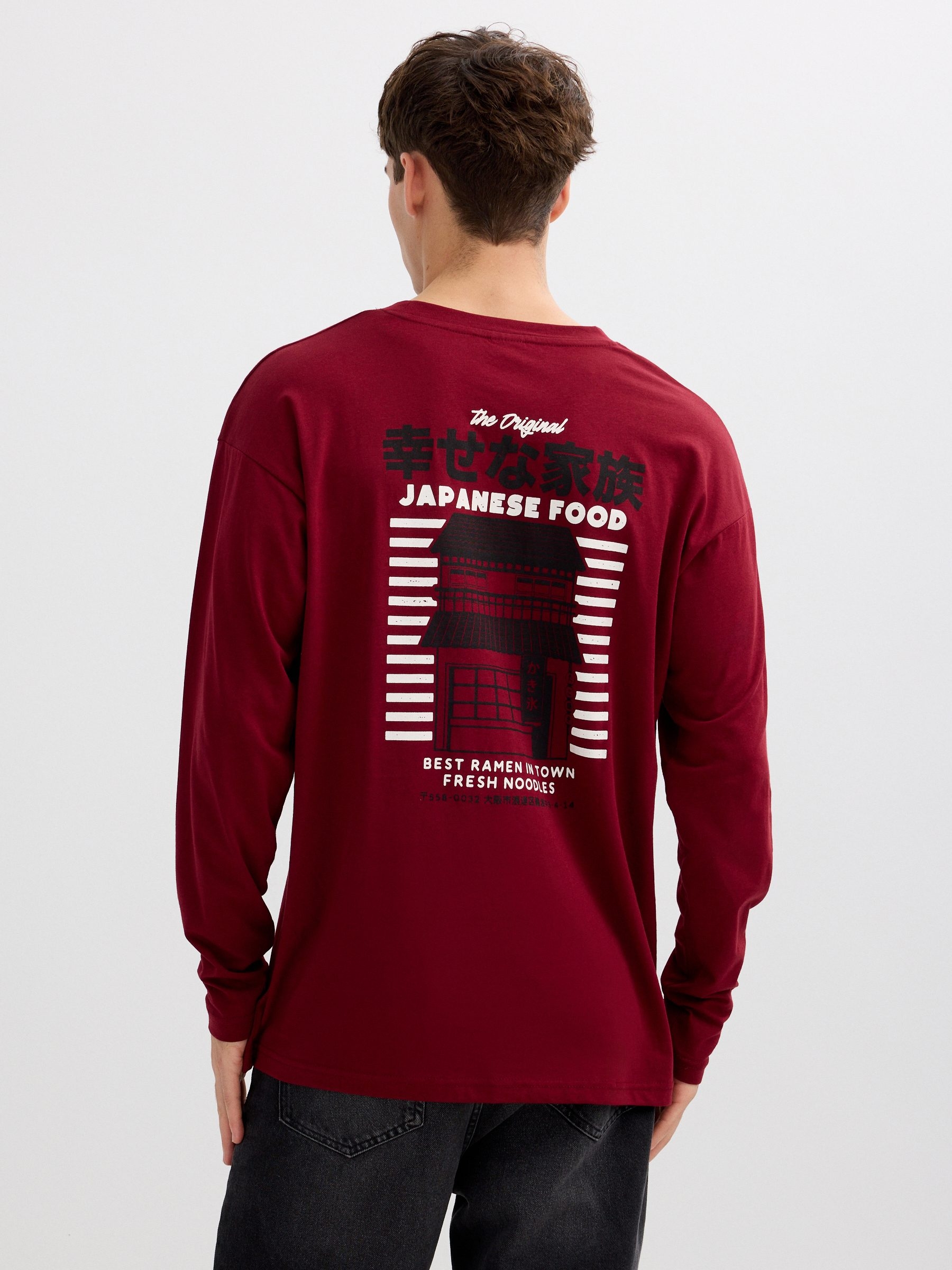 Camisola de manga comprida comida japonesa borgonha vista meia frontal