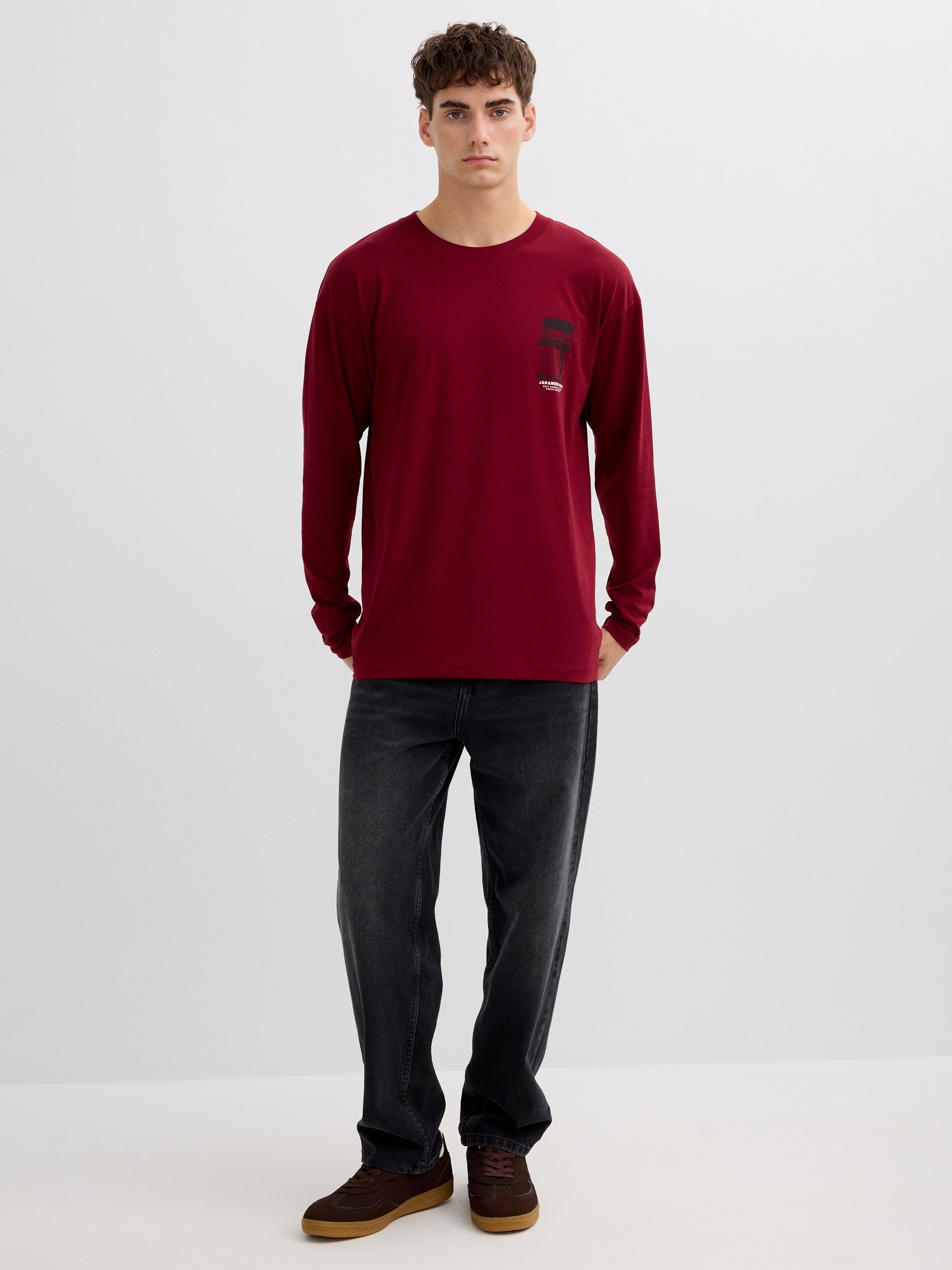 Long sleeve shirt Japanese food burgundy middle front view