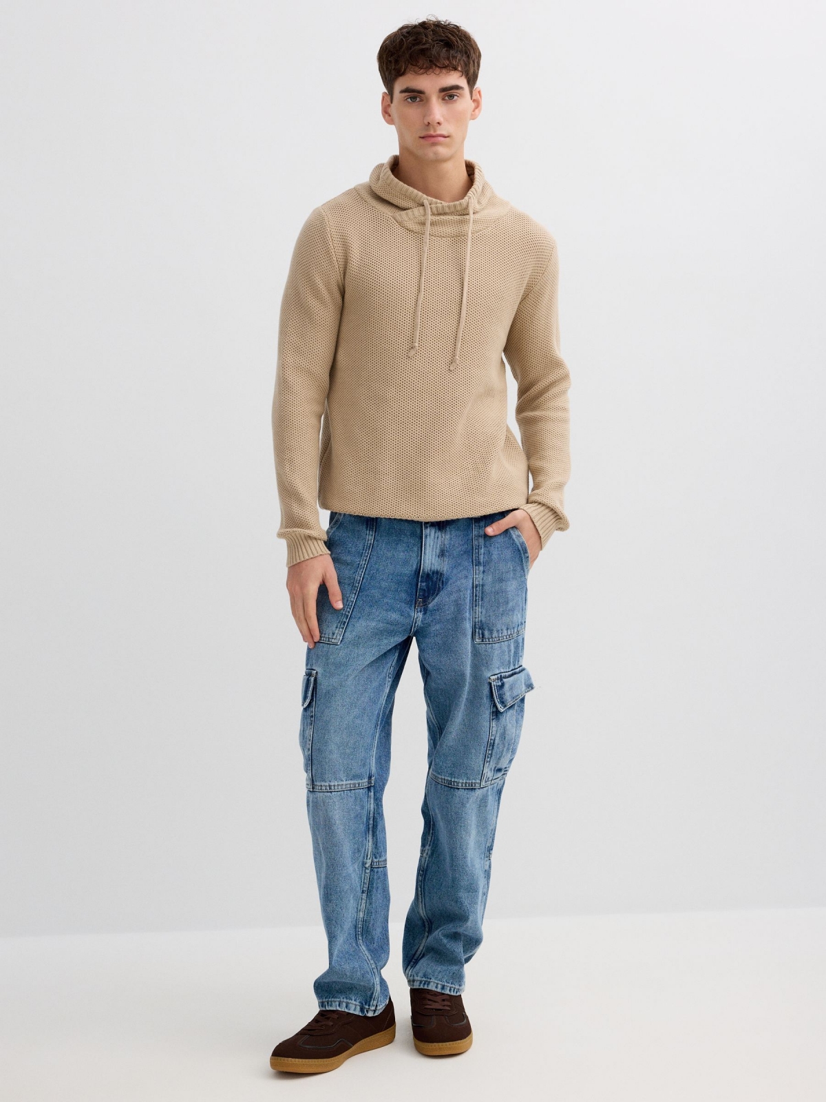 Plain knit sweater sand front view