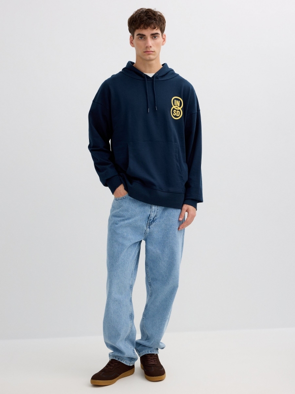Inside fleece hoodie navy front view