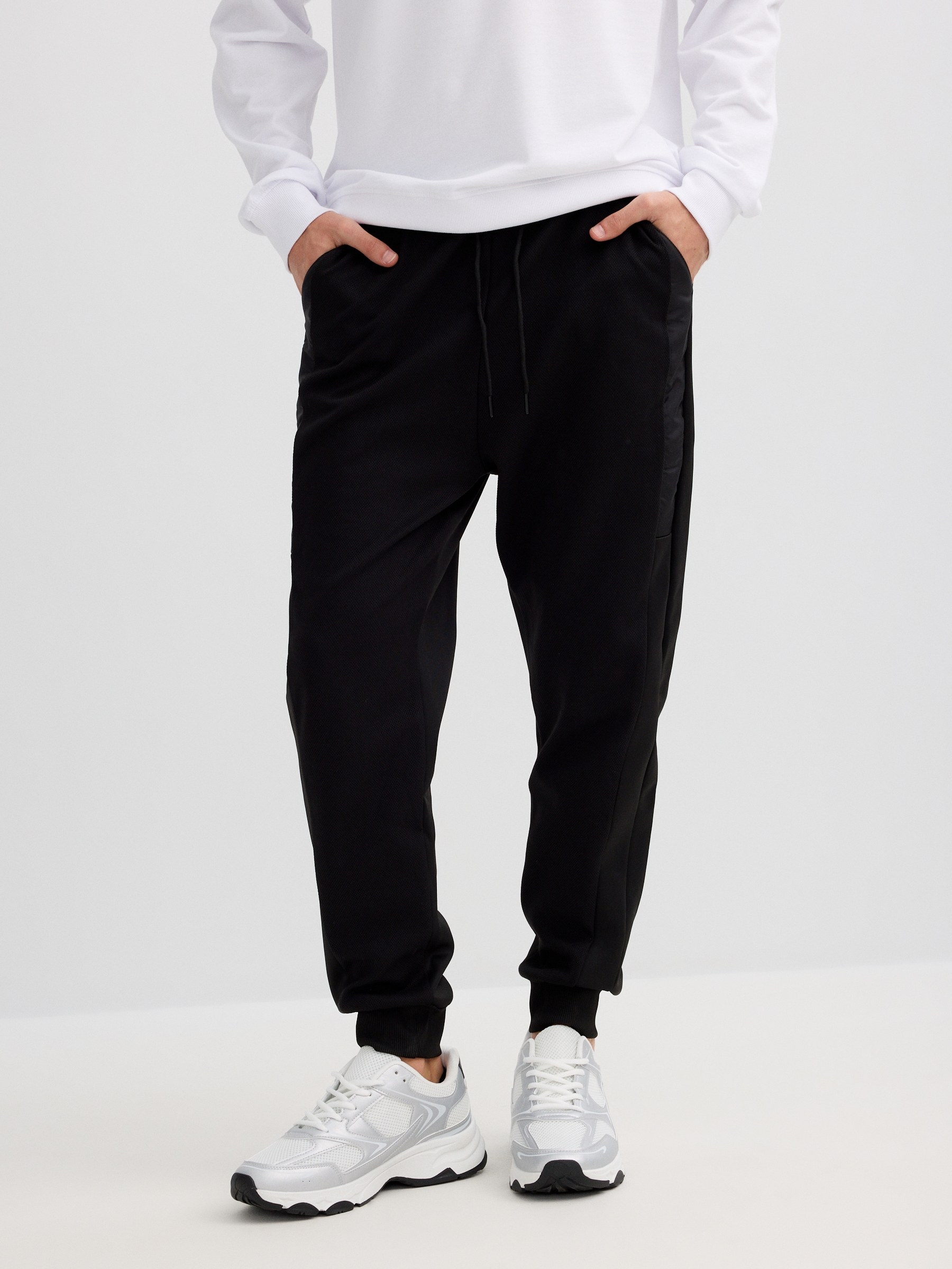 Jogger desportivo felpa preto preto vista geral frontal