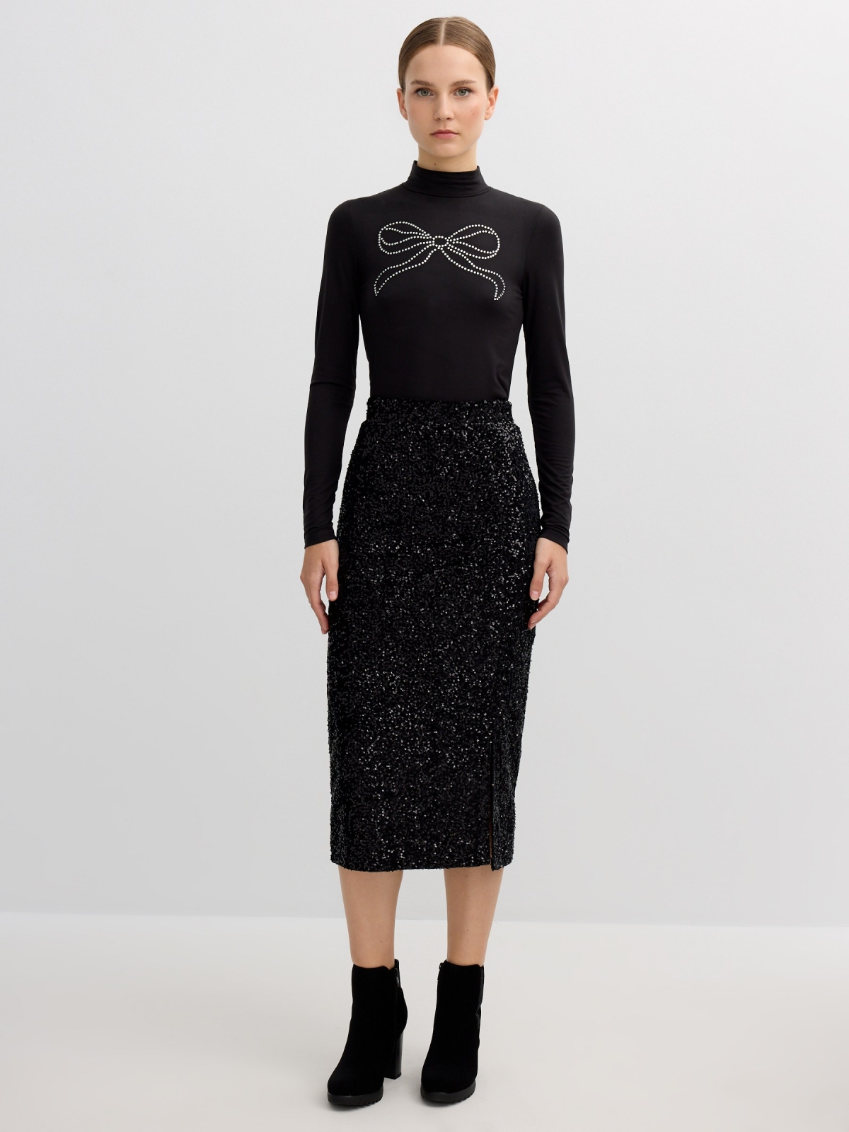 Sequin midi skirt black middle front view