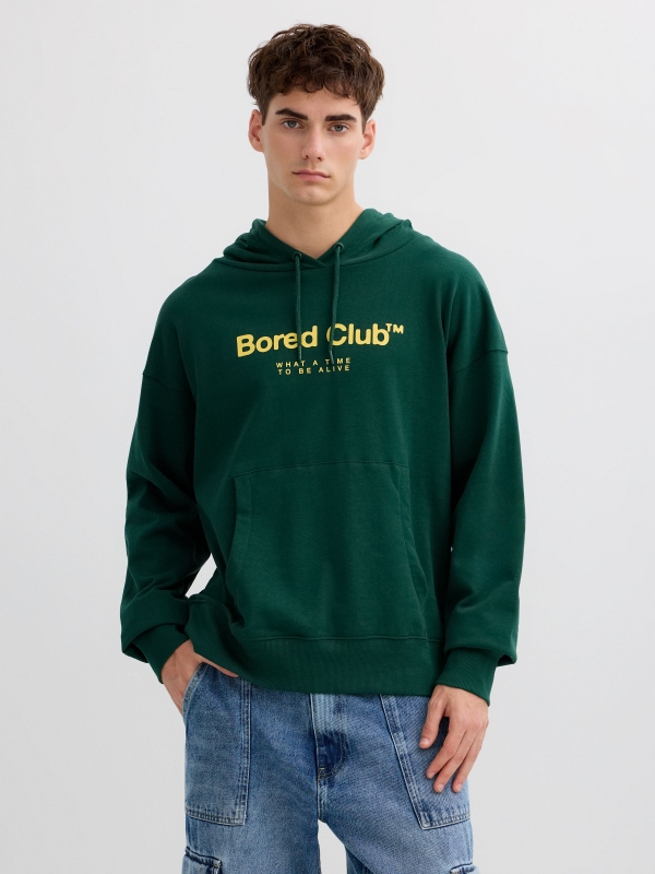 Green hoodie with bored club dark green middle front view