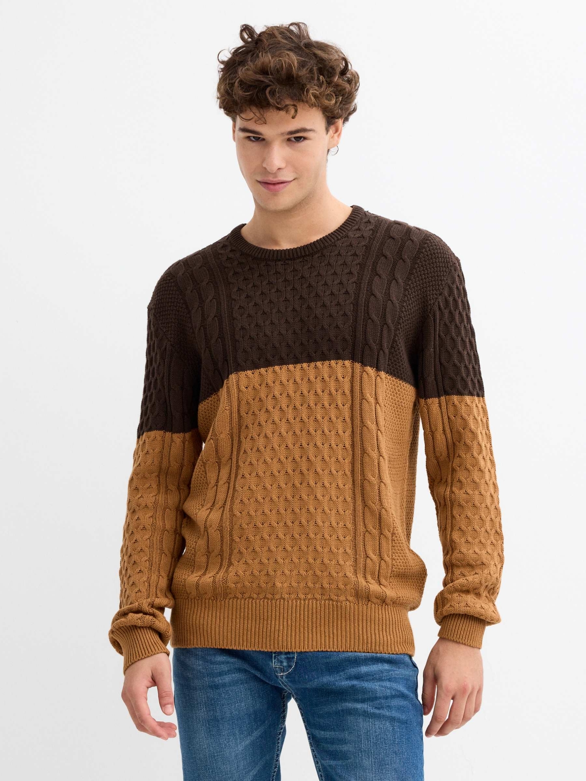 Two-tone cable knit sweater brown middle front view Two-tone cable knit sweater brown middle front view