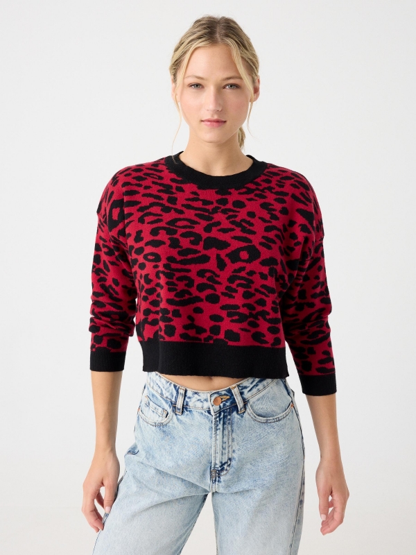 Suéter cropped animal print preto vista meia frontal