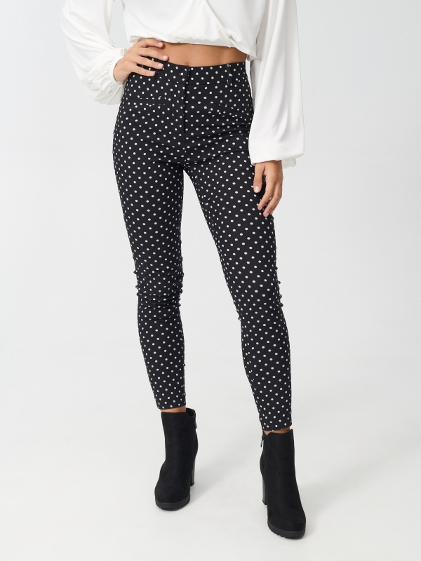 Stretch polka dot print trousers black