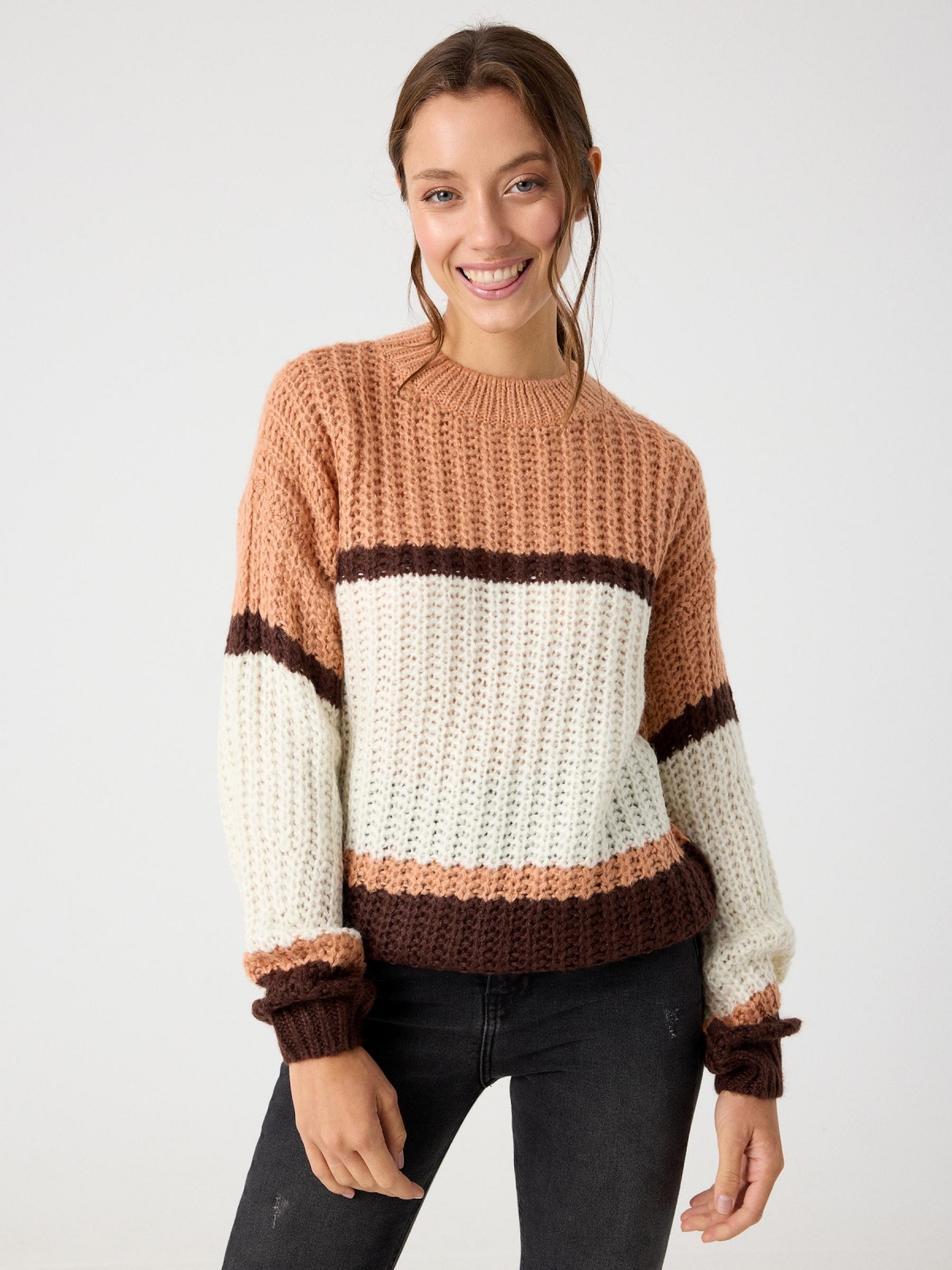 Chunky knit sweater with stripes dark brown middle front view